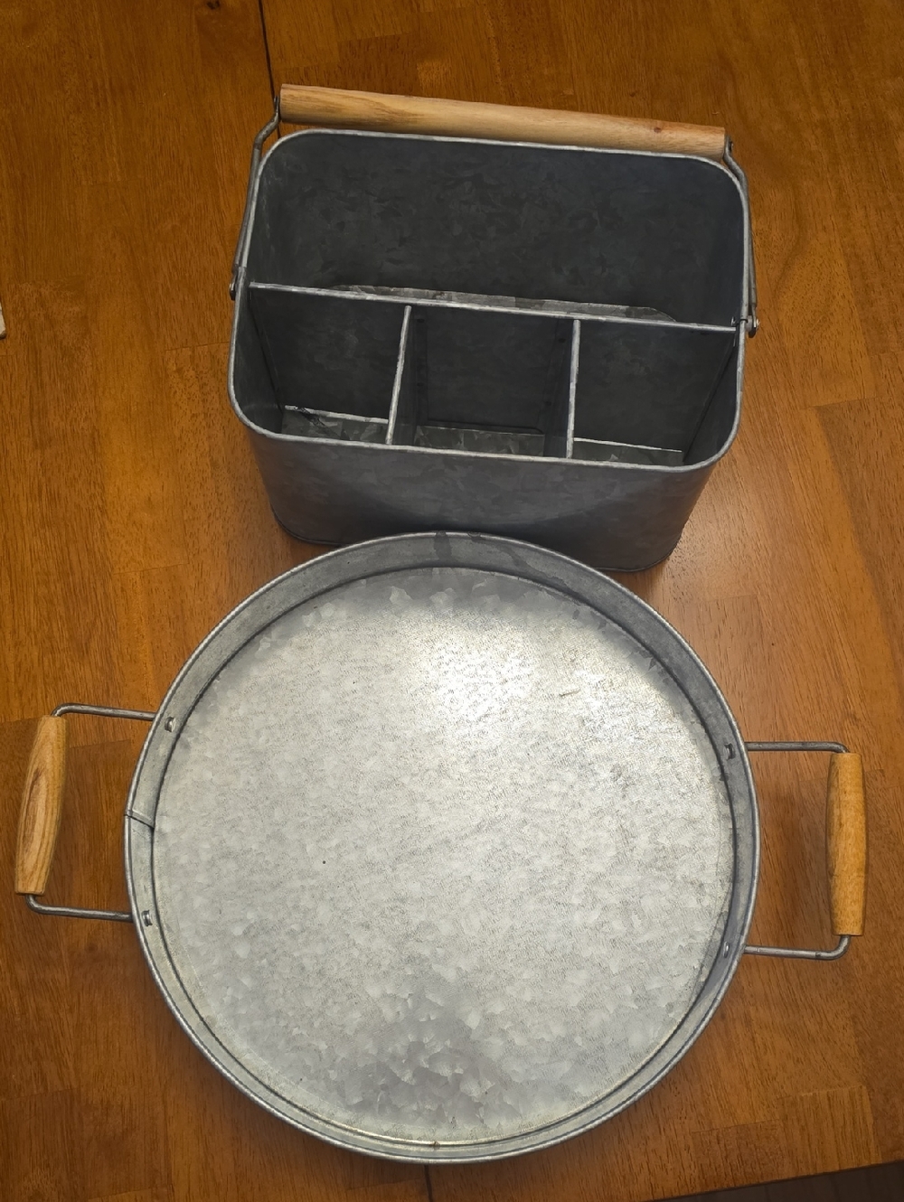 Galvanized Metal Caddy and Round Tray with Wooden Handles